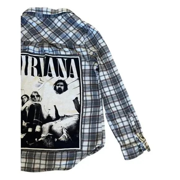 NIRVANA Kurt Cobain Upcycled Retro Vintage 90s Grunge Rock Plaid Flannel Size M - Picture 9 of 12